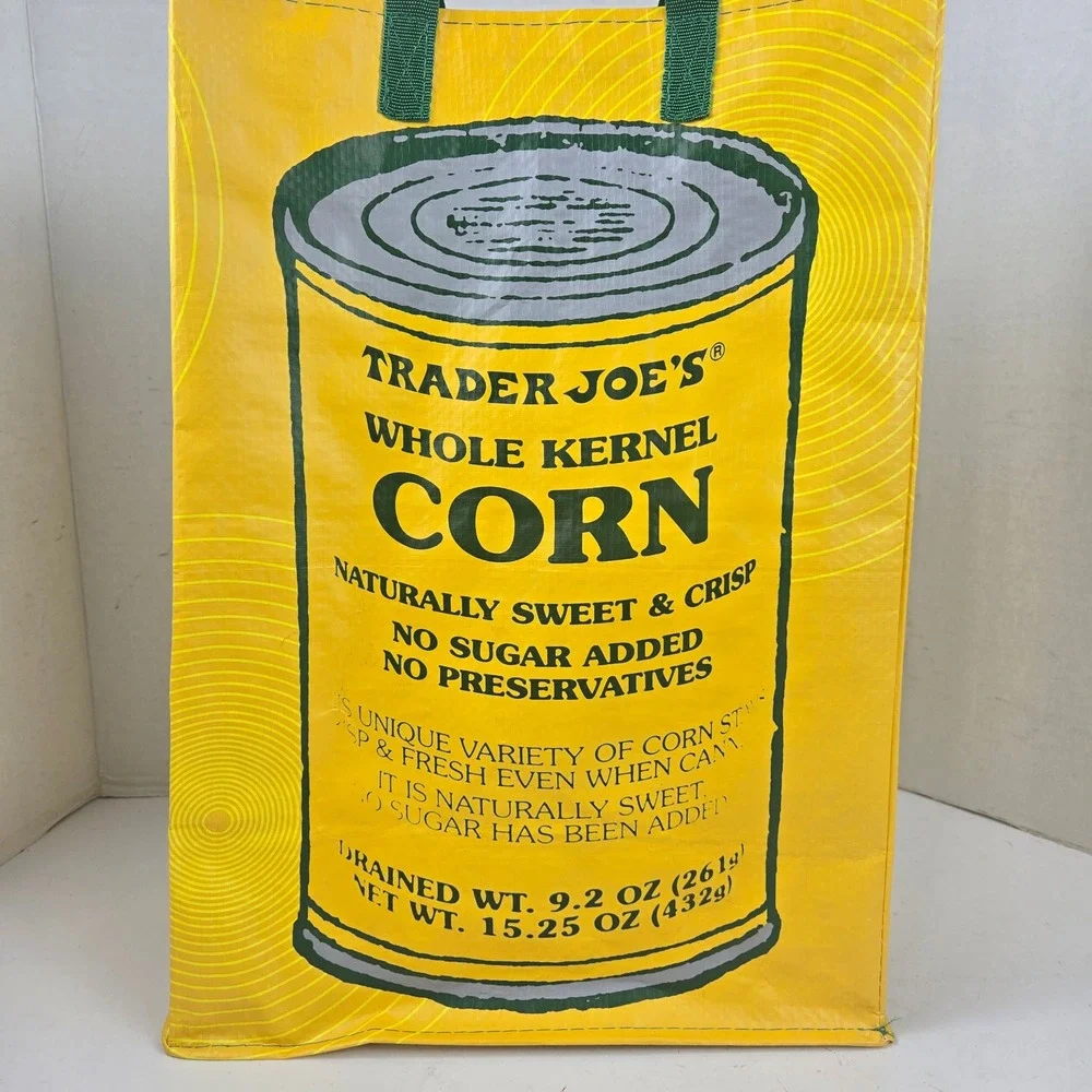 Trader Joe's Reusable Grocery Bag Whole Kernel Corn Can Graphic Yellow NWT RARE